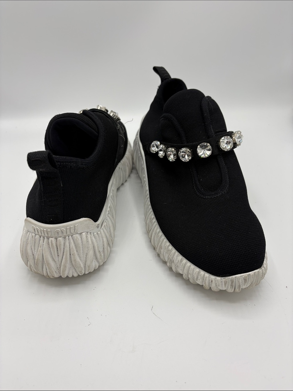 MIU MIU BLACK KNIT CRYSTAL JEWELED LOGO ELASTIC SLIP - size 39